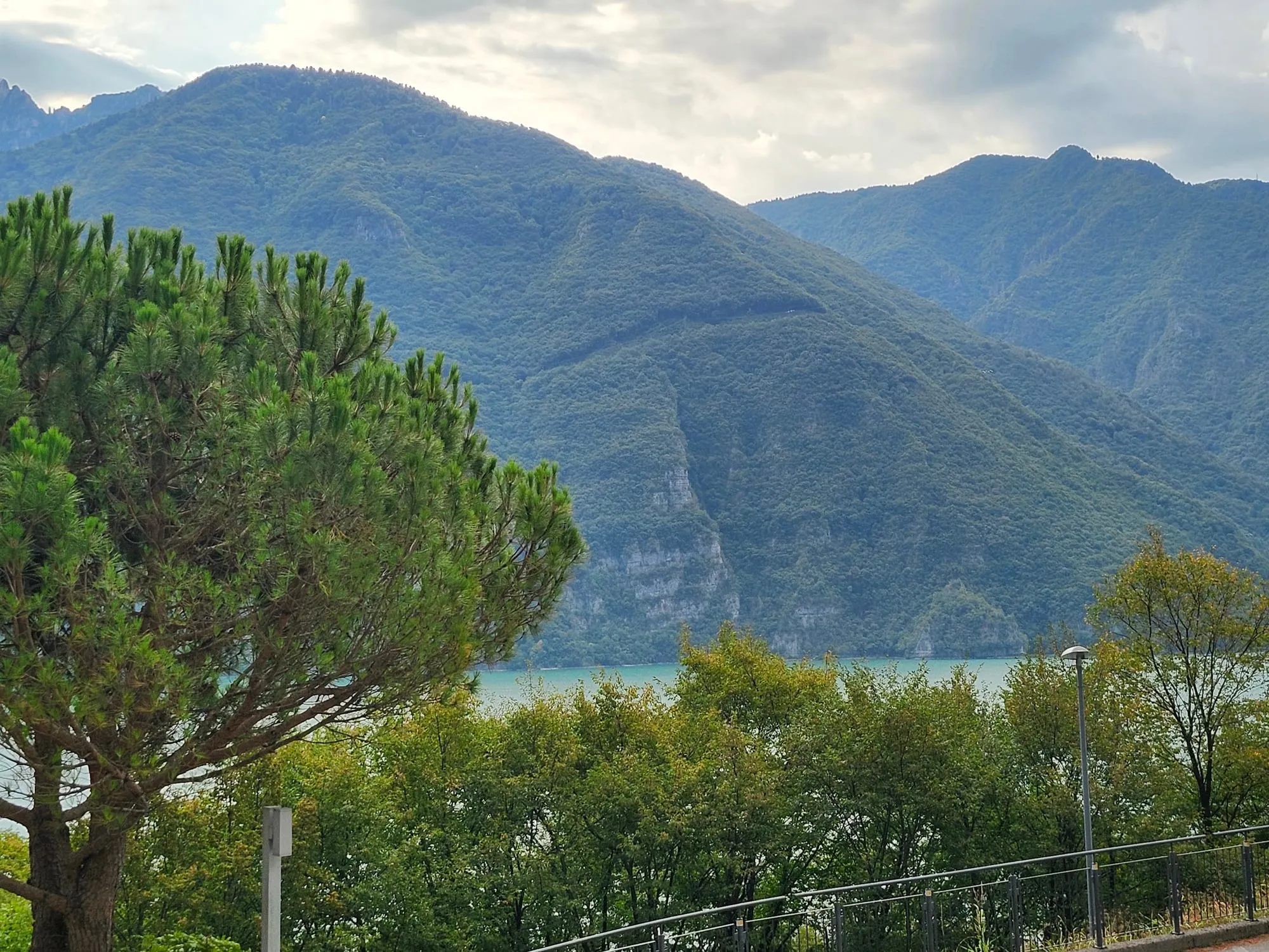 Il Lago d'Idro visto fra i pini della sponda, con le montagne della Val Sabbia sullo sfondo