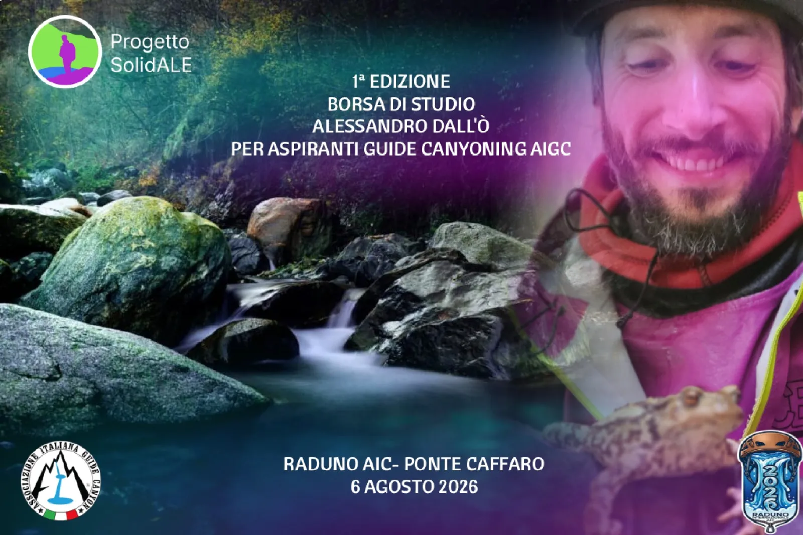 Locandina della 1ª edizione della Borsa di Studio Alessandro Dall'Ò per aspiranti guide canyoning AIGC — Raduno AIC, Ponte Caffaro, 6 agosto 2026